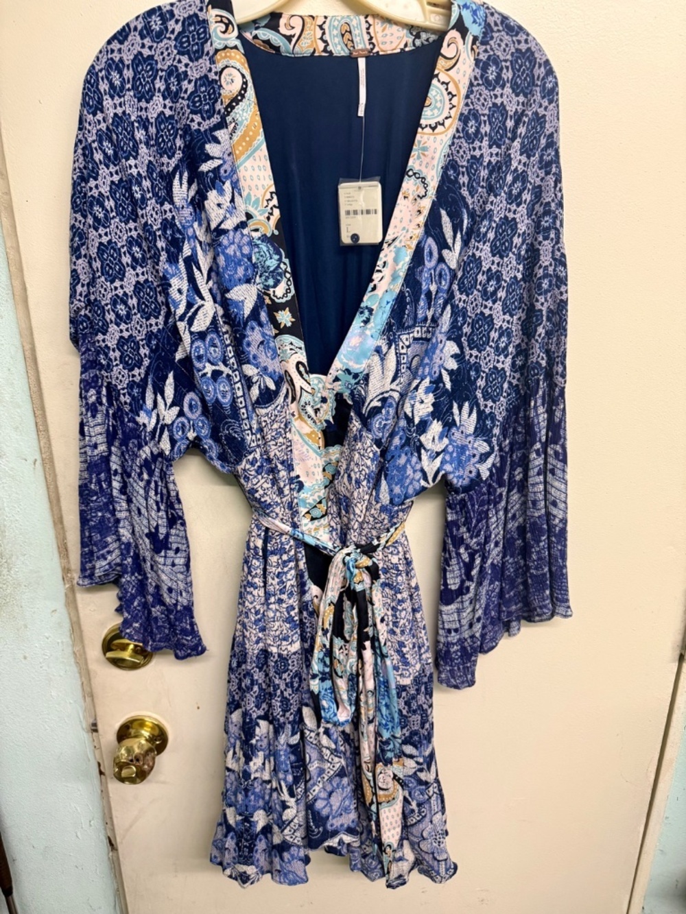 Free People Blue Bohemian Style Dress with Silk Floral Waist Tie | NWT - Picture 7 of 7